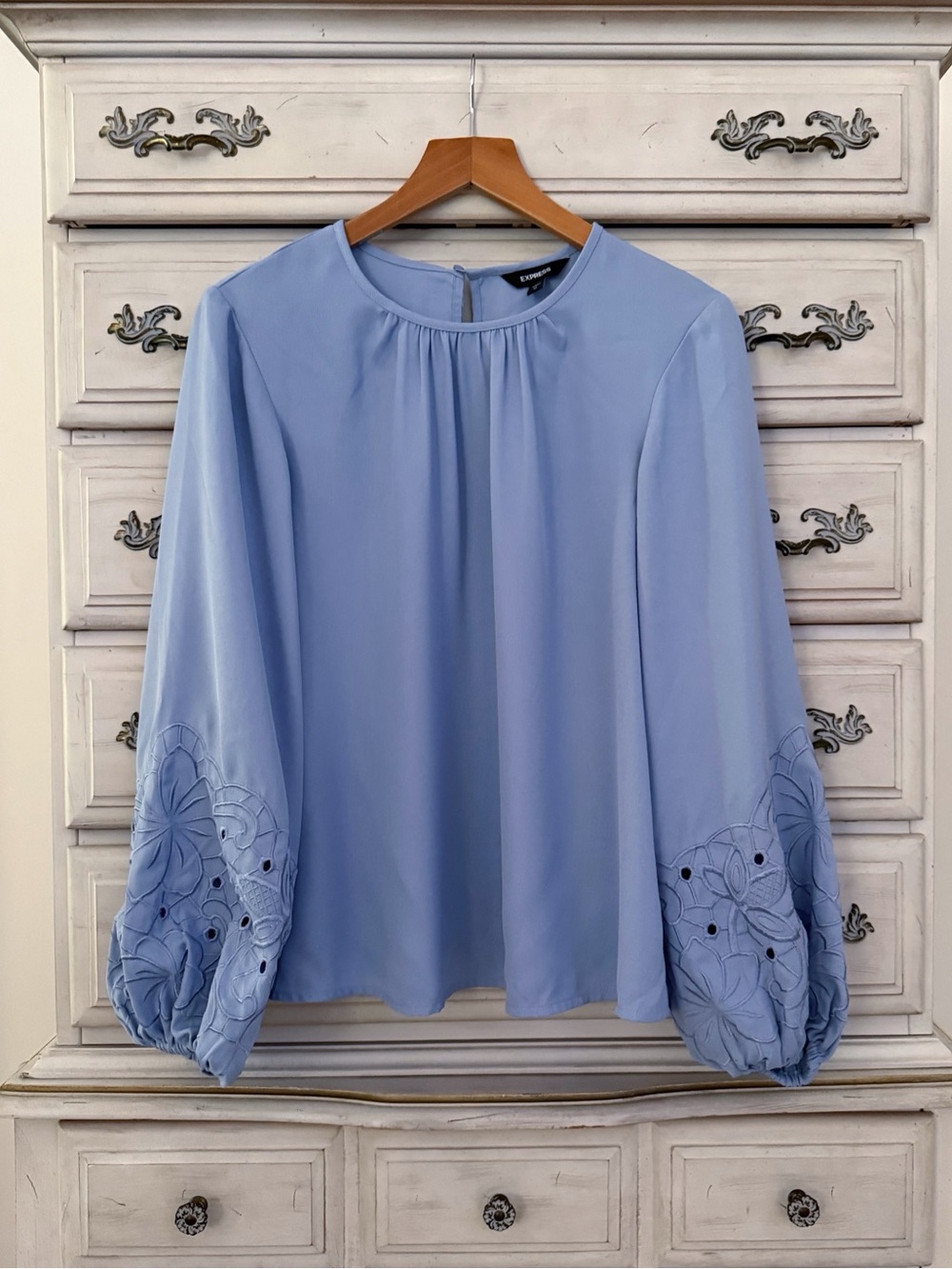 Express Sky Blue Boho Embroidered Eyelet Blouse Top - Picture 2 of 6